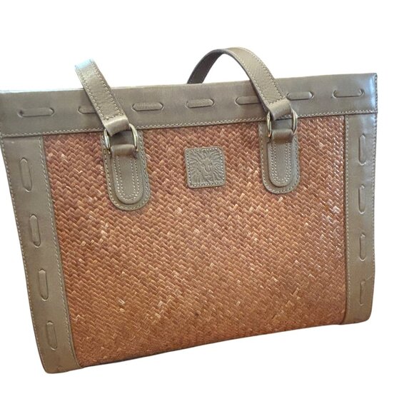 Anne Klein Woven Straw & Leather Tote Bag Dual Handles Tan Beige Elegant Design - Picture 1 of 12